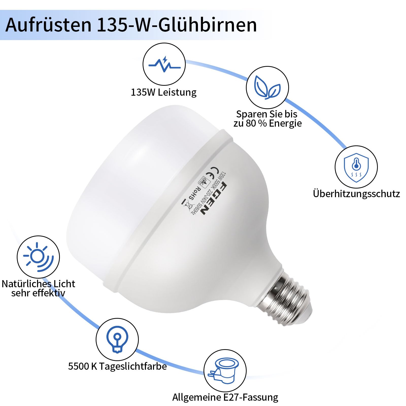 FGen Lampada fotografica da 135 W, 5500 K, con spina E27, lampada da studio, a risparmio energetico, 10.000 ore, illuminazione per fotografia di prodotto, softbox, studio fotografico T40 Bulbs