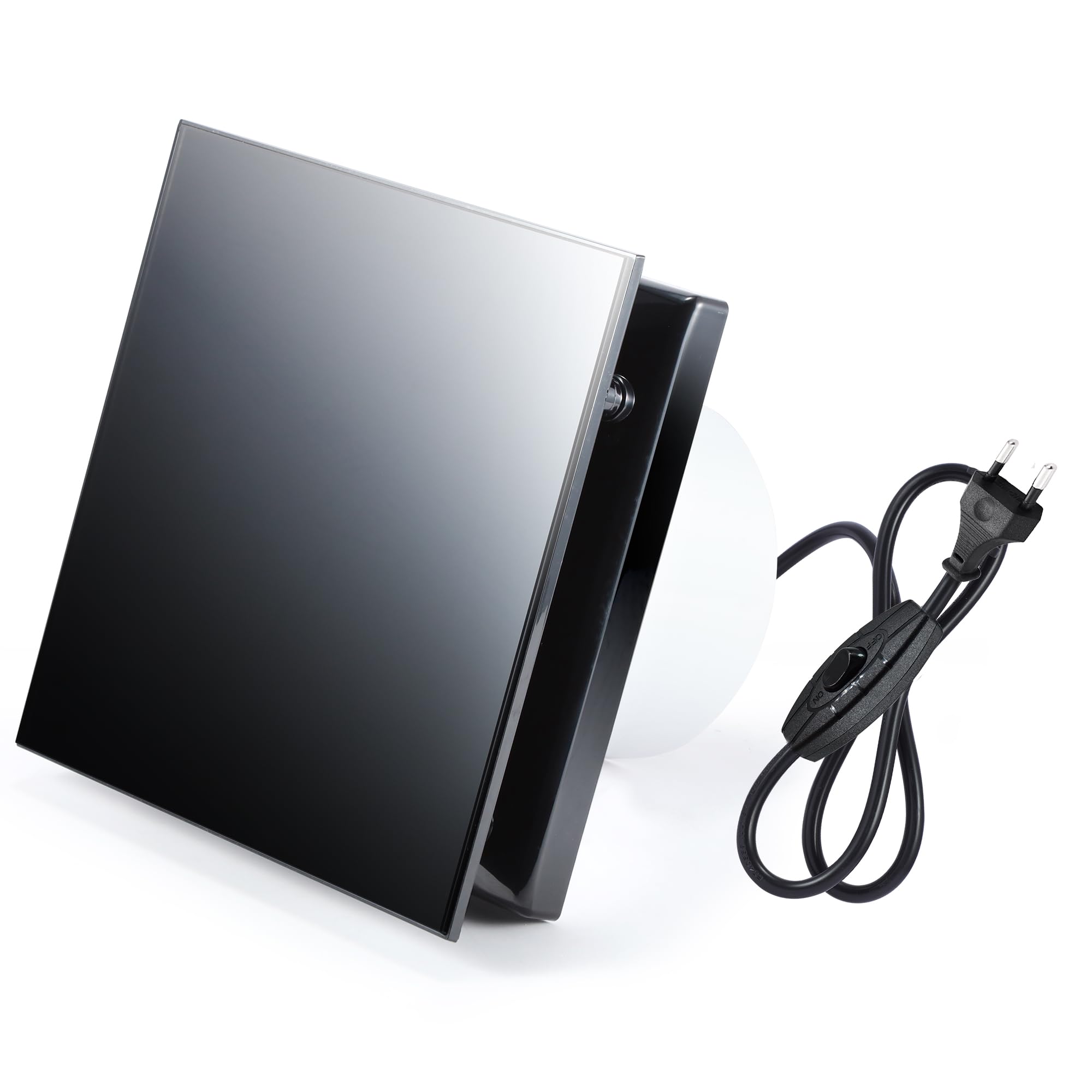 Hose Vary Ventilador de baño con placa de cristal negro, 100 mm, silencioso, 10 W, 95 m³/h, ventilador de ventana, salida de aire con válvula antirretorno, anillo de montaje de ventanas, enchufe