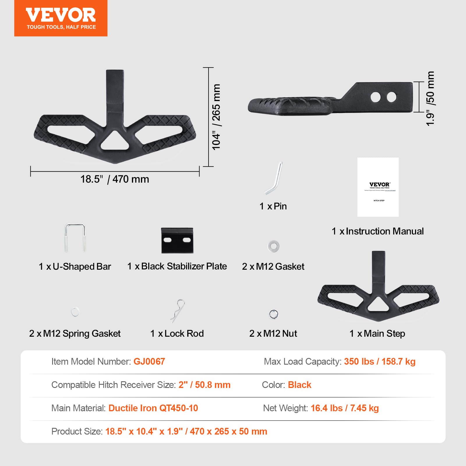 VEVOR Marchepied Arrière Universel 47 cm, Marchepied sur Attelage pour Récepteur 50,8 mm, en Acier, Charge 158,7 kg, Protecteur de Pare-Chocs Arrière avec Verrouillage à Goupille et Stabilisateur