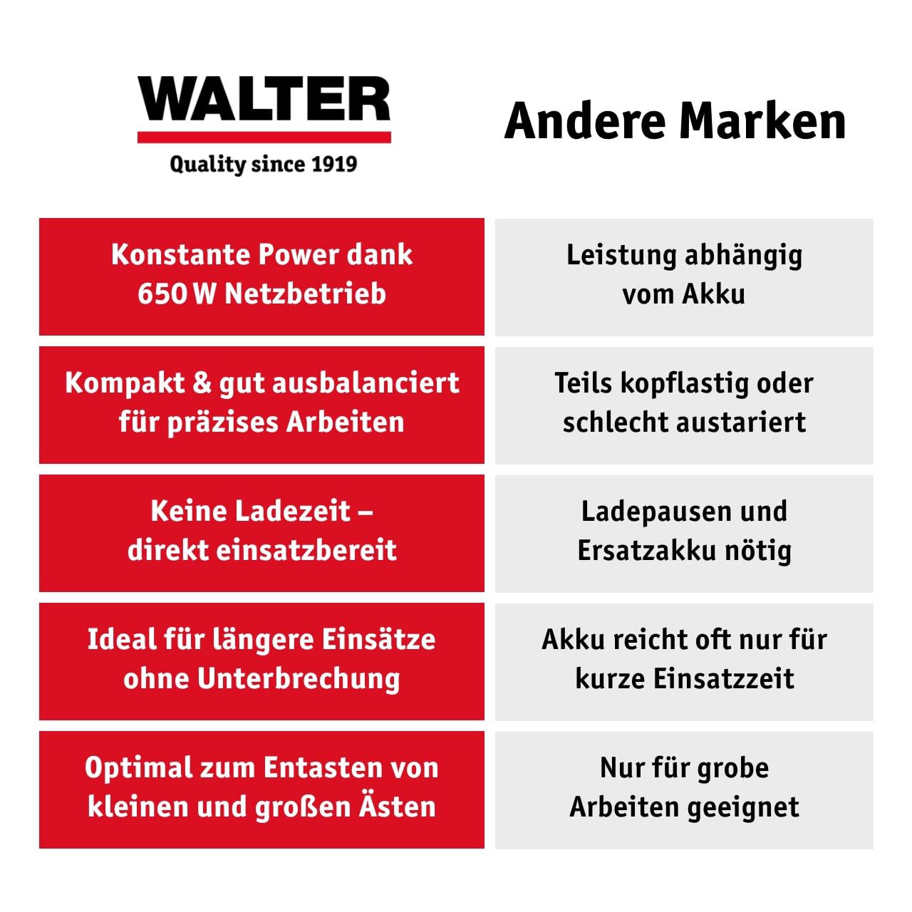 WALTER Kompakte Mini Kettensäge Elektro 650W, 20 cm Schwert, Astsäge