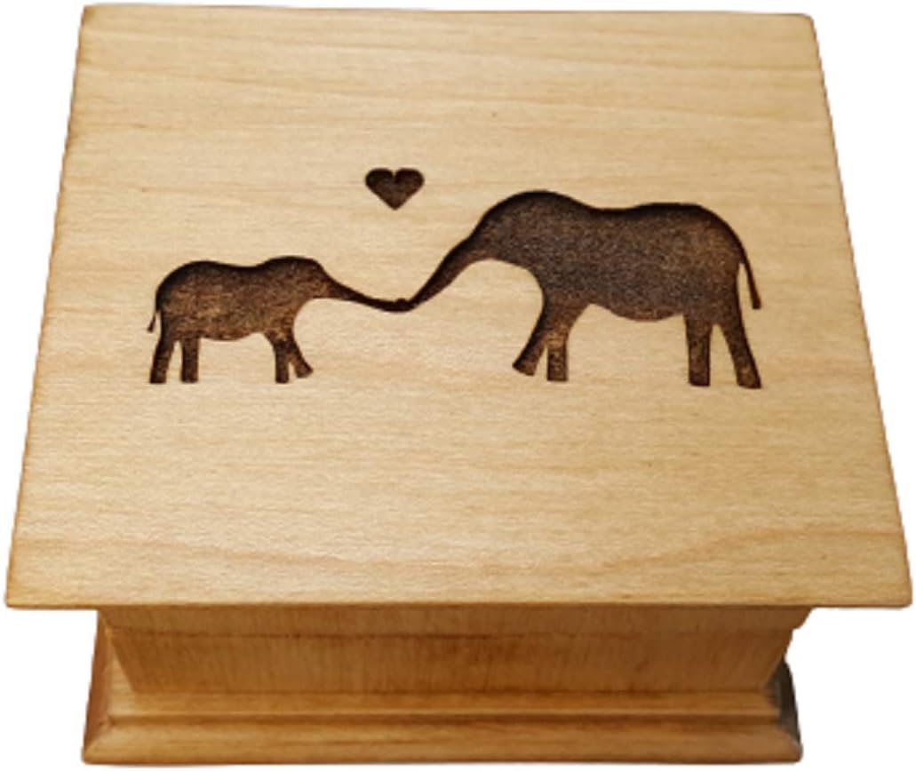 Mother's day gift, Custom engraved wooden music box with an elephant family on the top with your customized message on the bottom side of the box, with your choice of color and song