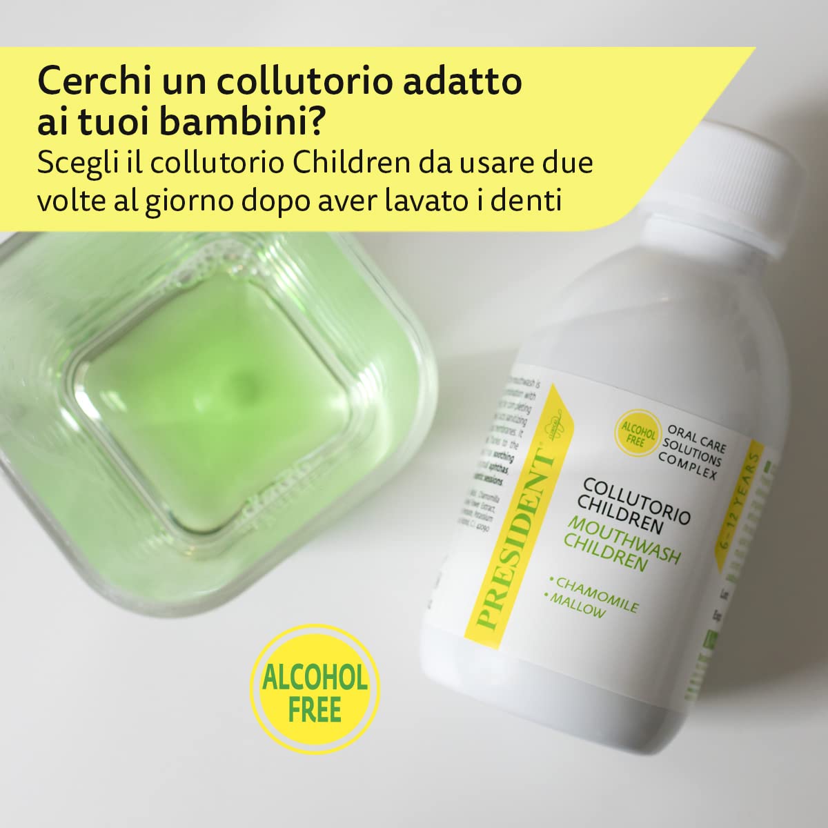 President CHILDREN COLLUTORIUM dla dzieci w wieku od 6 do 12 lat. Przeciwpłytkowa, przeciwpróchnica, wzmacnia i chroni szkliwo zębów. Bez alkoholu, Z nakrętką dozującą - 200 ml