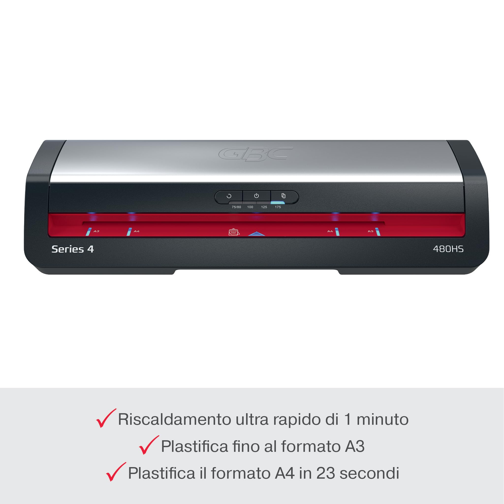 Plastificatrice A3 GBC 480HS piccoli uffici – Alta velocità, riscaldamento rapido in 1 minuto, 75-175 micron, anti-inceppamento, autospegnimento, con 5 buste di laminazione A4, Nero/Rosso, 4410072EU