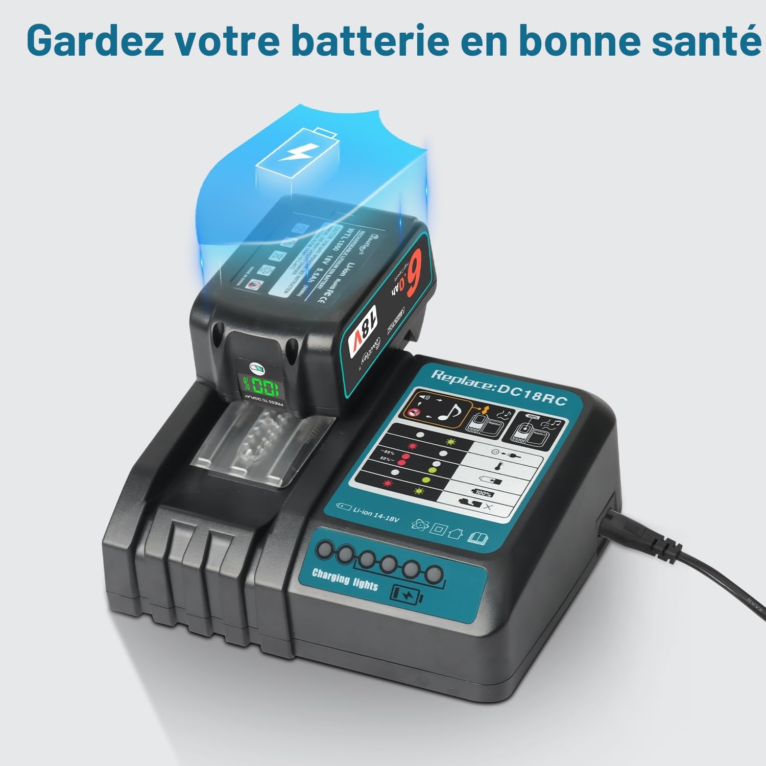 Waitley DC18RC Chargeur pour Makita 14.4V ~ 18V Batterie BL1860B BL1860 BL1850B BL1850 BL1840B BL1840 BL1415 BL1430