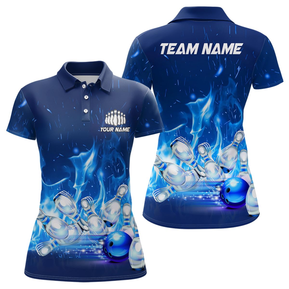 Personalisiertes Bowling Shirt für Herren & Damen, Blaues Flammen-Design, Bowling Team Trikot, Liga Outfit, Geschenk für Bowler I5493