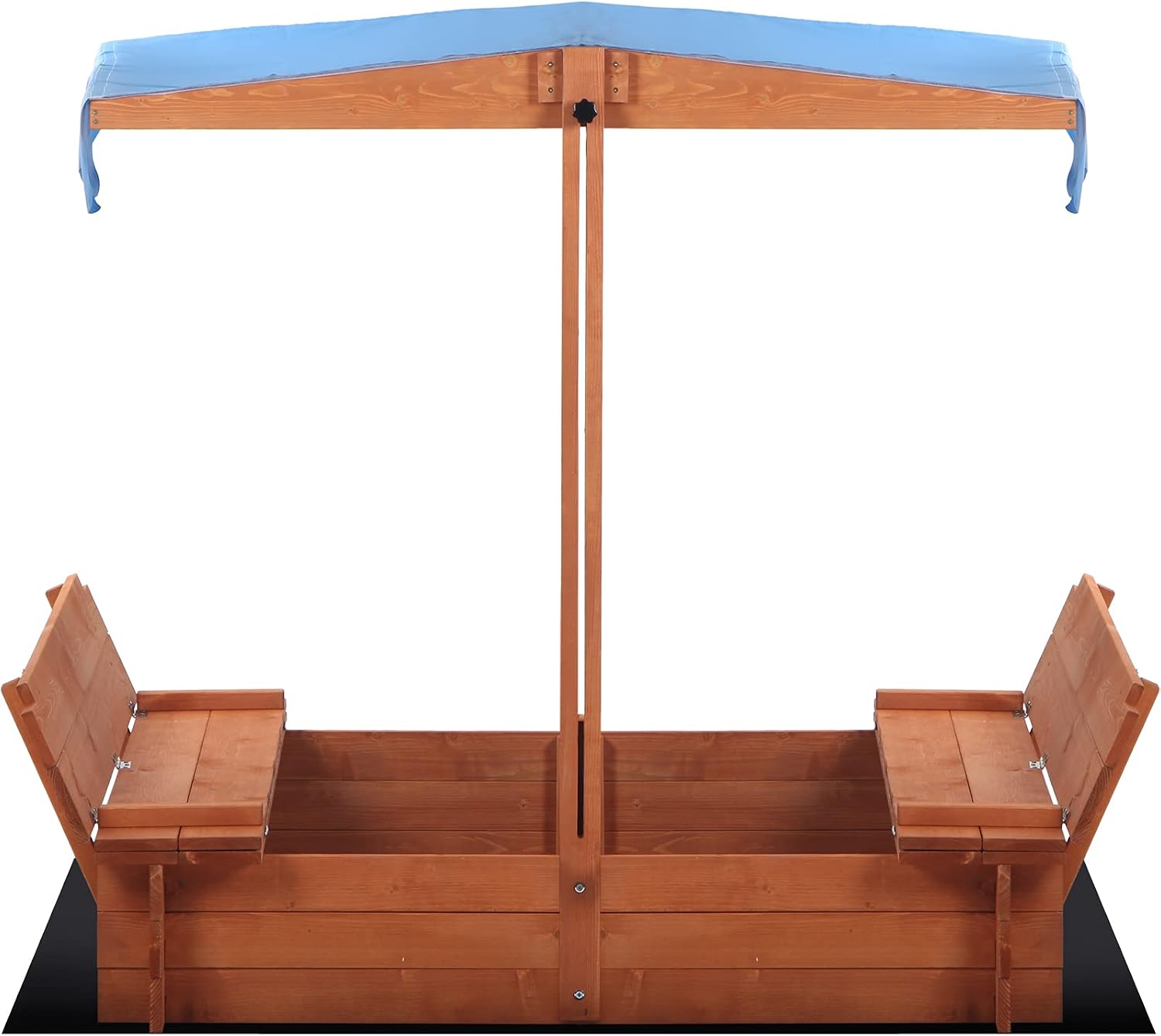 47x47in Kids Large Wooden Sandbox for Backyard, Outdoor Backyard Bench Outdoor Play Sand Box with Canopy Shade, 2 Foldable Bench Seats, Sand Protection, Bottom Liner