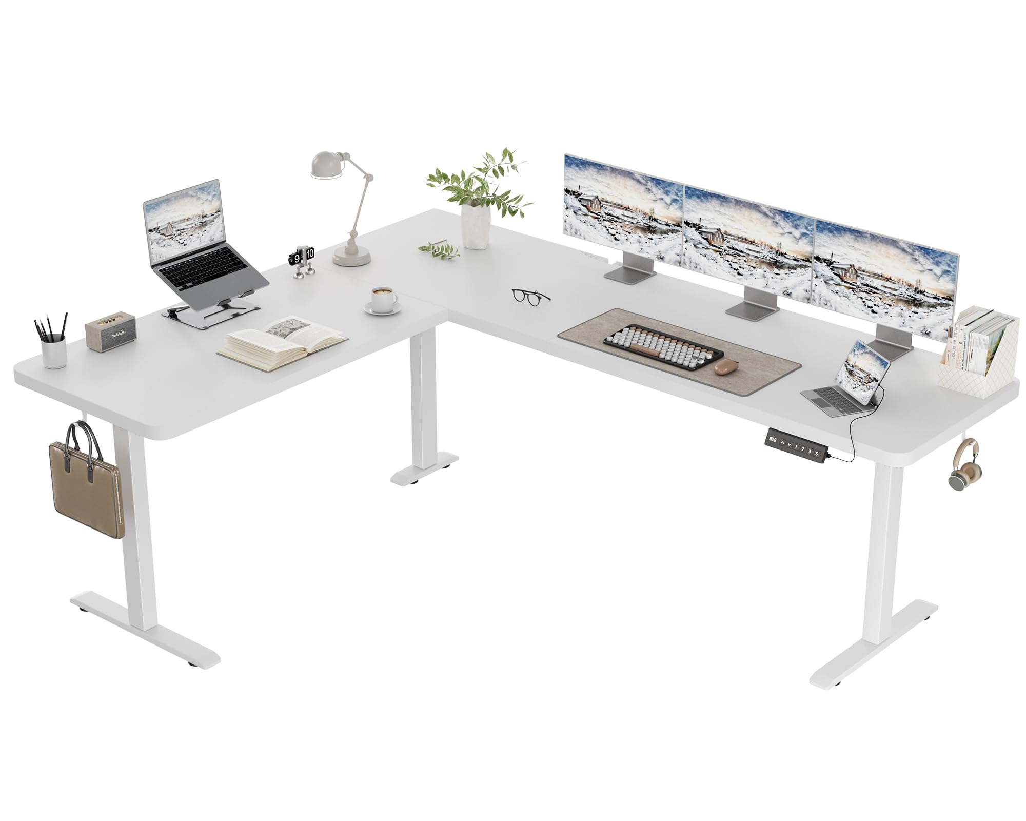 TRIUMPHKEY Eckschreibtisch Höhenverstellbar mit USB-A und 3 Speicherhöhen,L-förmige Höhenverstellbarer Schreibtisch mit Kabelbox und Haken,Computertisch