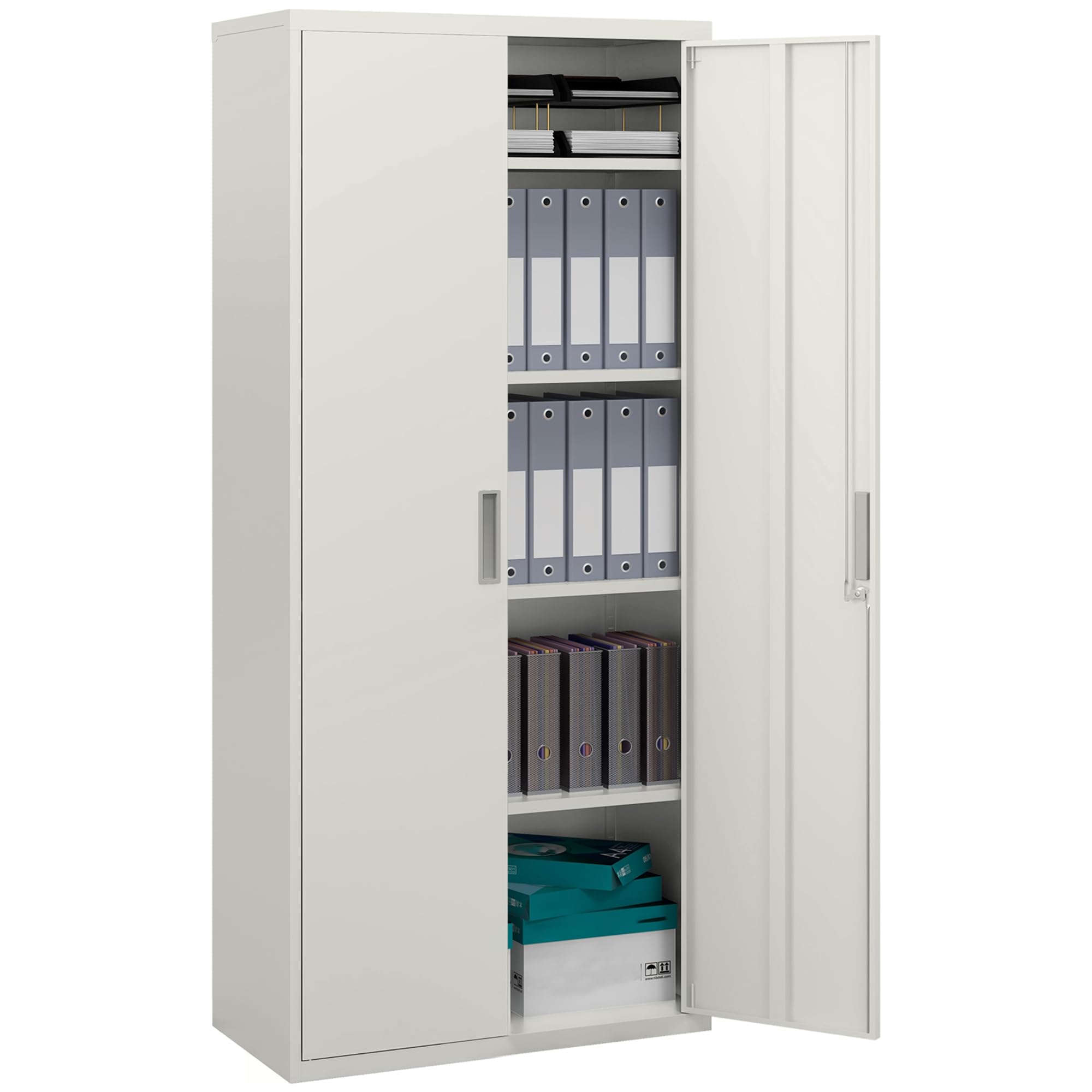 HOMCOM Armadio Ufficio a 5 Livelli con 4 Ripiani Regolabili, Armadio in Metallo Portadocumenti con 2 Ante, Serratura e 2 Chiavi, 80x40x180 cm, Bianco