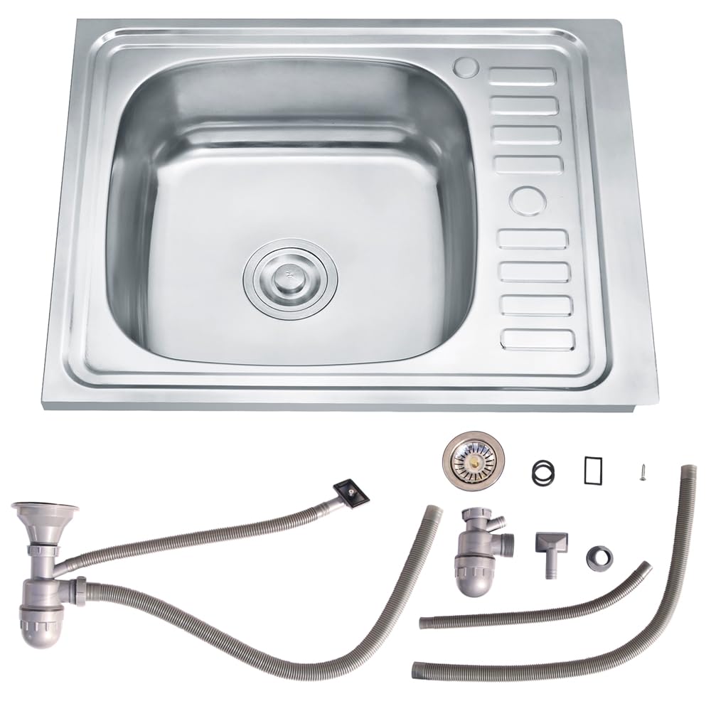 Melko 58CM Acier inoxydable, évier à encastrer carré + égouttoir, évier cuisine, plonge, bac d'évier