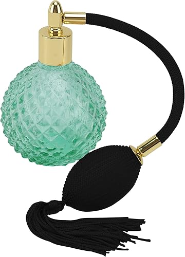 HEALLILY Botella de perfume vintage de cristal de 3.4 fl oz recargable con bolsa de aire de borla larga, recipiente de vidrio vacío transparente