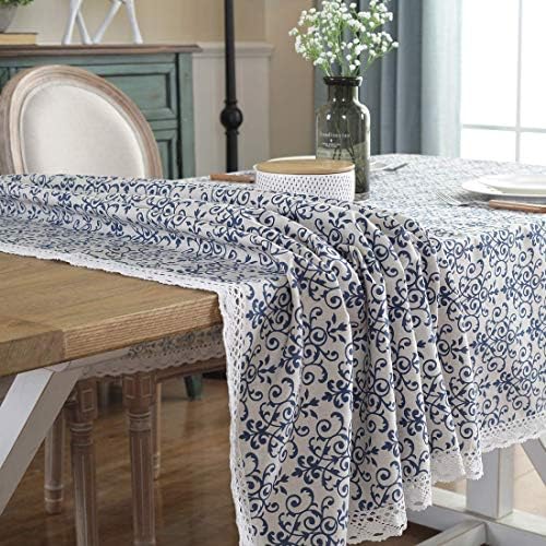 LeLehome Elome Vintage Flowers Lace Tablecloth, 55 Inch X 79 Inch Oblong Bohemian Cotton Linen Dining Kitchen Picnic Indoor Outdoor Table Cloth Cover Baroque Navy Blue Flower Home Decor