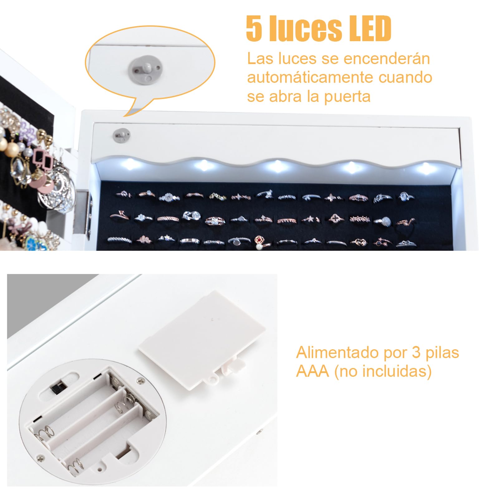 COSTWAY Espejo Joyero de Pared, Armario Joyero con Espejo de Cuerpo Entero, Iluminación LED, Armario para Joyas de Puerta con 6 Cajones, Cerradura, Gran Espacio de Almacenamiento