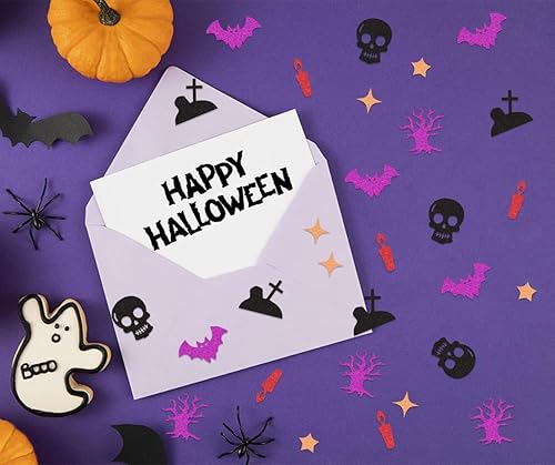 Vista 19 de Hying 200 decoraciones de confeti de Halloween para mesa, murciélagos de Halloween, calavera, lentejuelas, purpurina, negro, morado, confeti, árbol