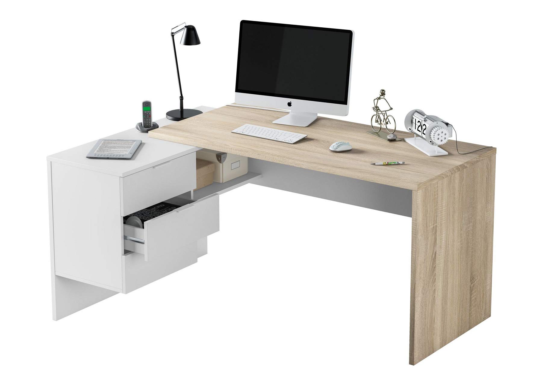 Mobelcenter - Mesa de Oficina Modelo Office - Mesa despacho Ordenador con 3 cajones - Color Blanco Artik Mate y Roble Canadian - 1150