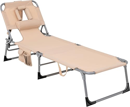 GYMAX Silla bronceadora, tumbona de playa plegable con agujero para el brazo facial, respaldo ajustable, bolsillo lateral, almohada y asa de