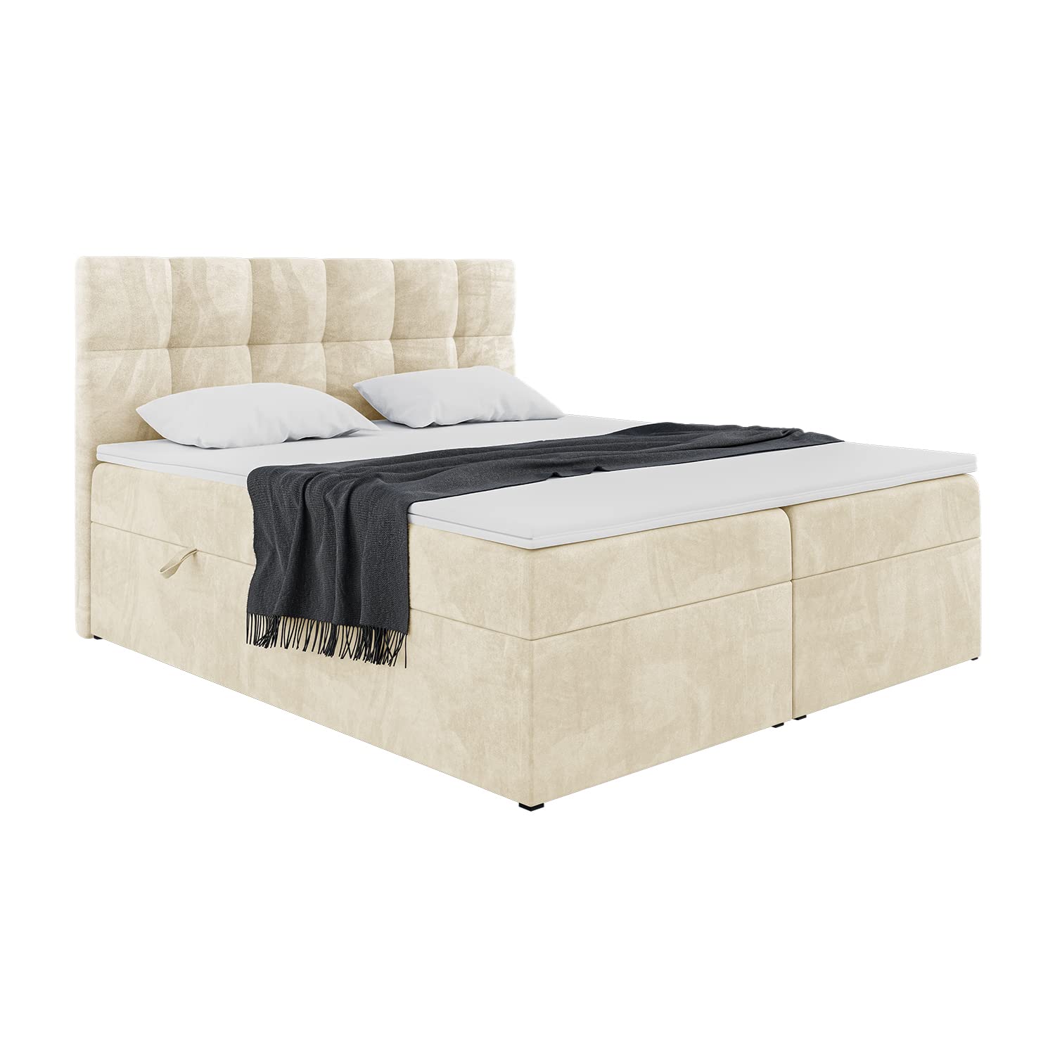 MEBLINI Boxspringbett mit Bettkasten - Gepolstert Doppelbett mit Matratze und Topper - Polsterbett mit Stauraum - Bett mit Kopfteil - Stauraumbett - RACO - 120x200 - H3/Beige Samt