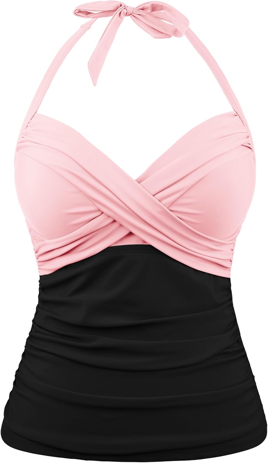 Women's Tummy Control Tankini Tops Only Halter Underwire Swimsuits for Big Bust Front Twist Retro V Neck Bathing Suit Tops