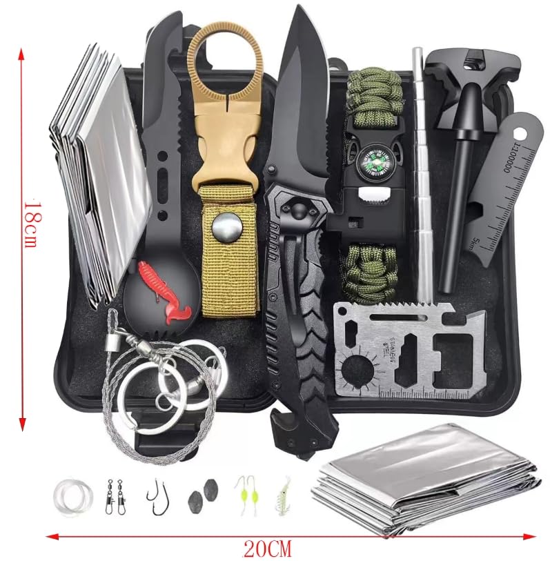 Survival Kit 13-in-1 - Outdoor Notfall Ausrüstung Set mit Klappmesser, Taschenlampe & Feuerstarter - Geschenk für Männer, Vater, Freund – Camping, Wandern, Abenteuer