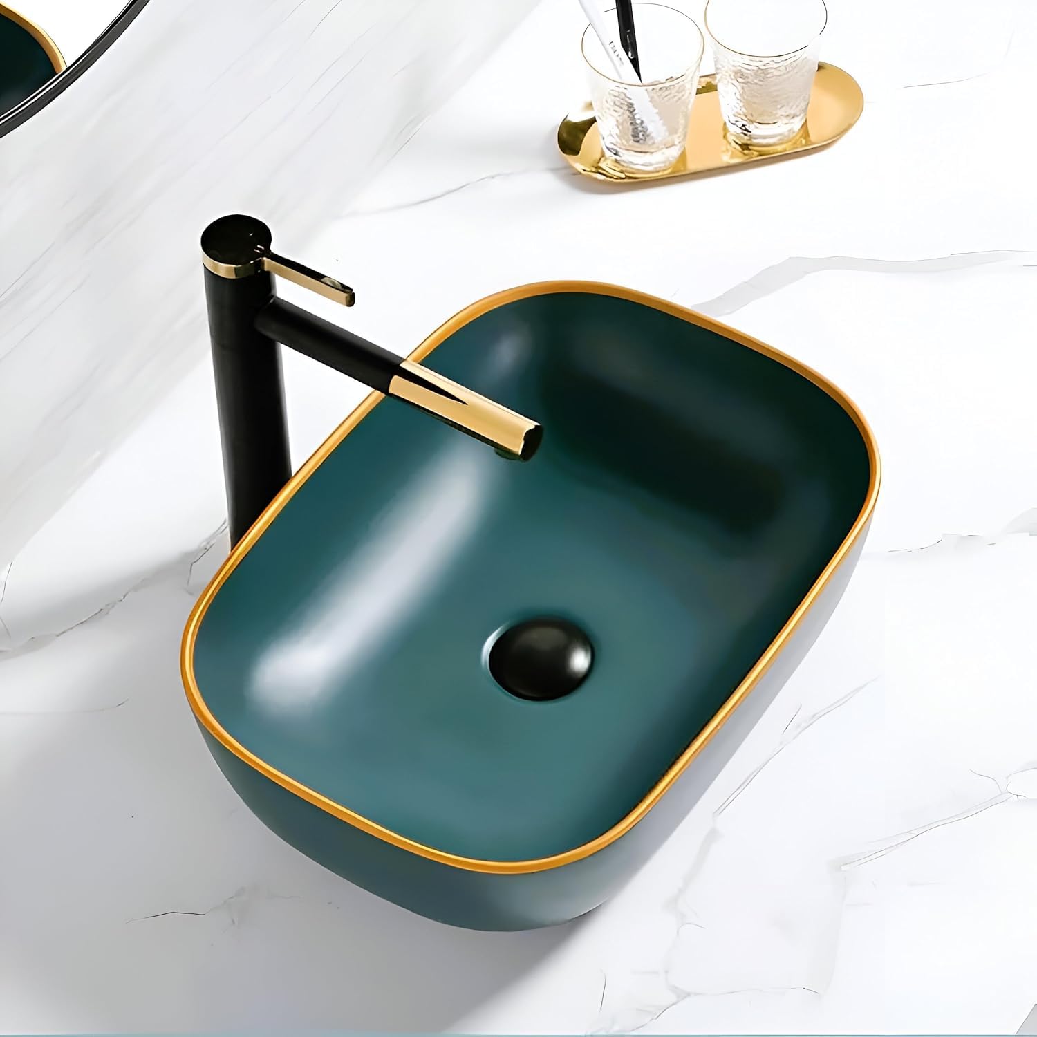 OSOSAM Designer Green Ceramic Vessel Sink – Golden Line Inch Matte Finish for Bathroom & Kitchen 18x13x5.5