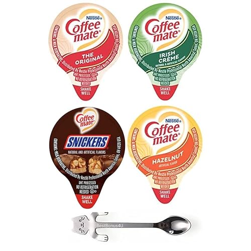 Coffee mate - Crema líquida individual, paquete variado, 100 unidades, 4 sabores x 25 cada uno de crema irlandesa, original, Snickers, avellana +