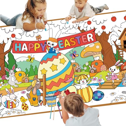 AhfuLife Affiche Géante de Pâques à Colorier 180x80 cm –Nappe en Papier à Colorier Pâques pour Enfants avec Lapins et Œufs, Poster de Graffiti pour...