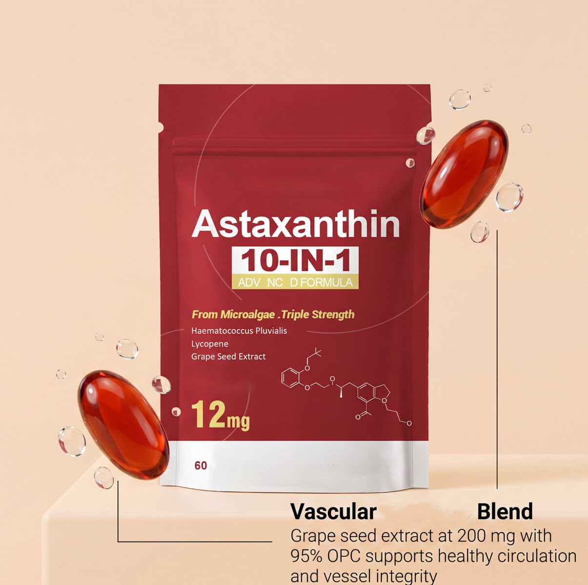 Astaxantina 12 mg, adecuada para hombres y mujeres (60 unidades)