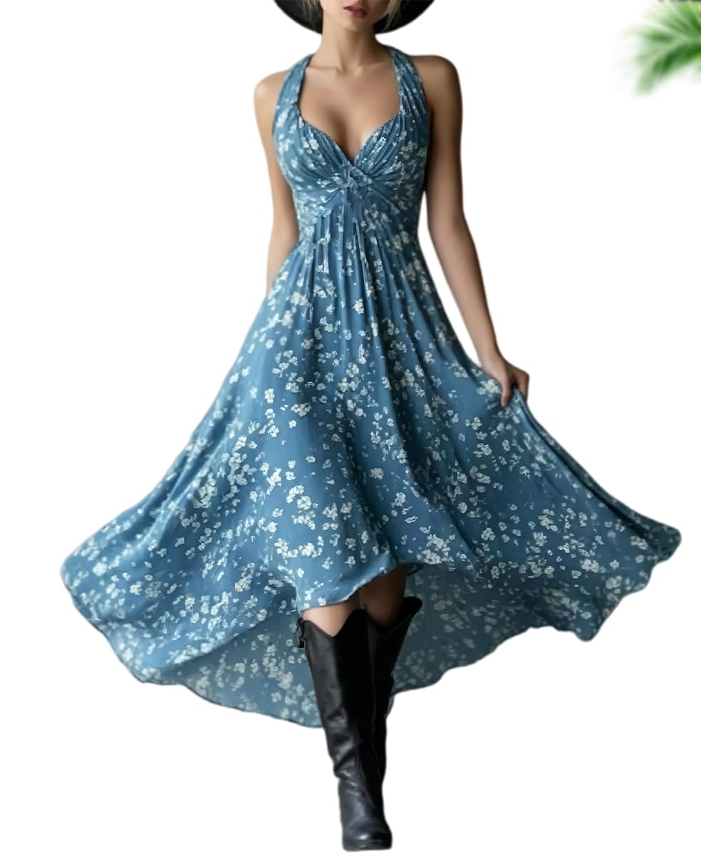 Vestido Largo Casual para Mujer con Estampado Floral, Cuello Halter y sin Mangas