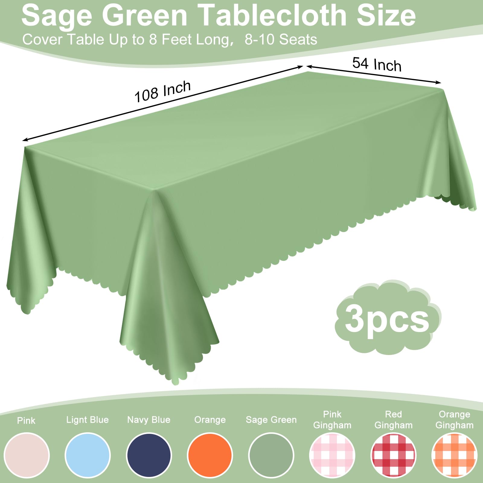3 Pack Plastic Sage Green Tablecloth, 54 X 108Inch Disposable Scalloped Table Cloth for Rectangle Tables Waterproof Green Table Covers for Wedding Bridal Shower Baby Shower Birthday Tea Garden Party