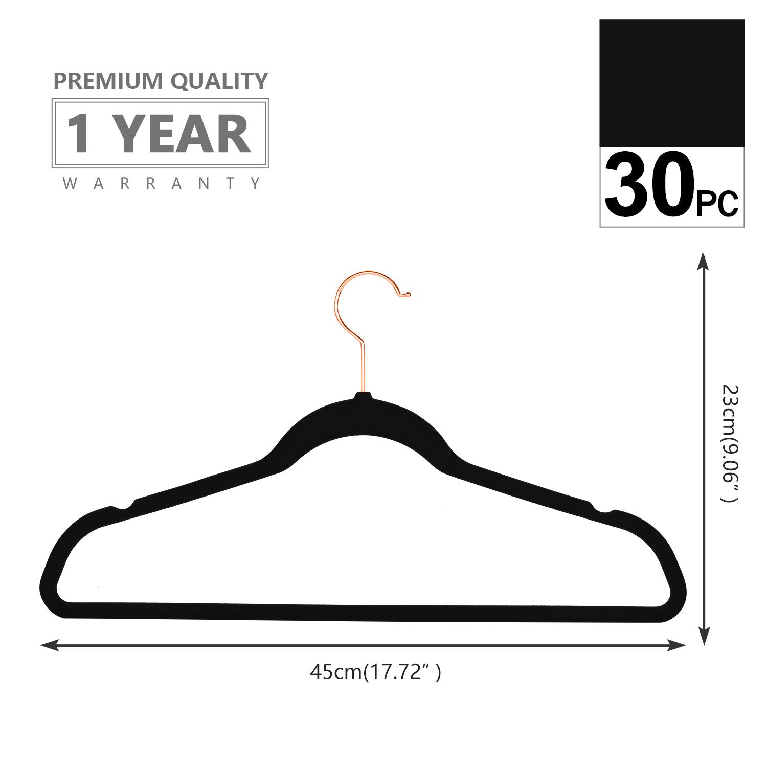 MIZGI Perchas de Terciopelo (Paquete de 30) Resistentes, Antideslizantes, Ganchos de Terciopelo para Trajes, Color Negro, Ganchos de Cobre y Oro Rosa, Perchas de Ropa Que ahorran