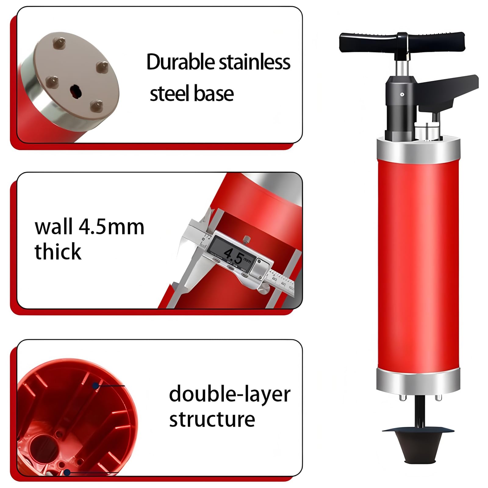 Déboucheur de Toilette à Air Comprimé avec Manomètre Visuel, Déboucheur à Pompe Haute Pression avec 4 Ventouses, Déboucheur WC Piston de Toilette avec Connectez Le Tube