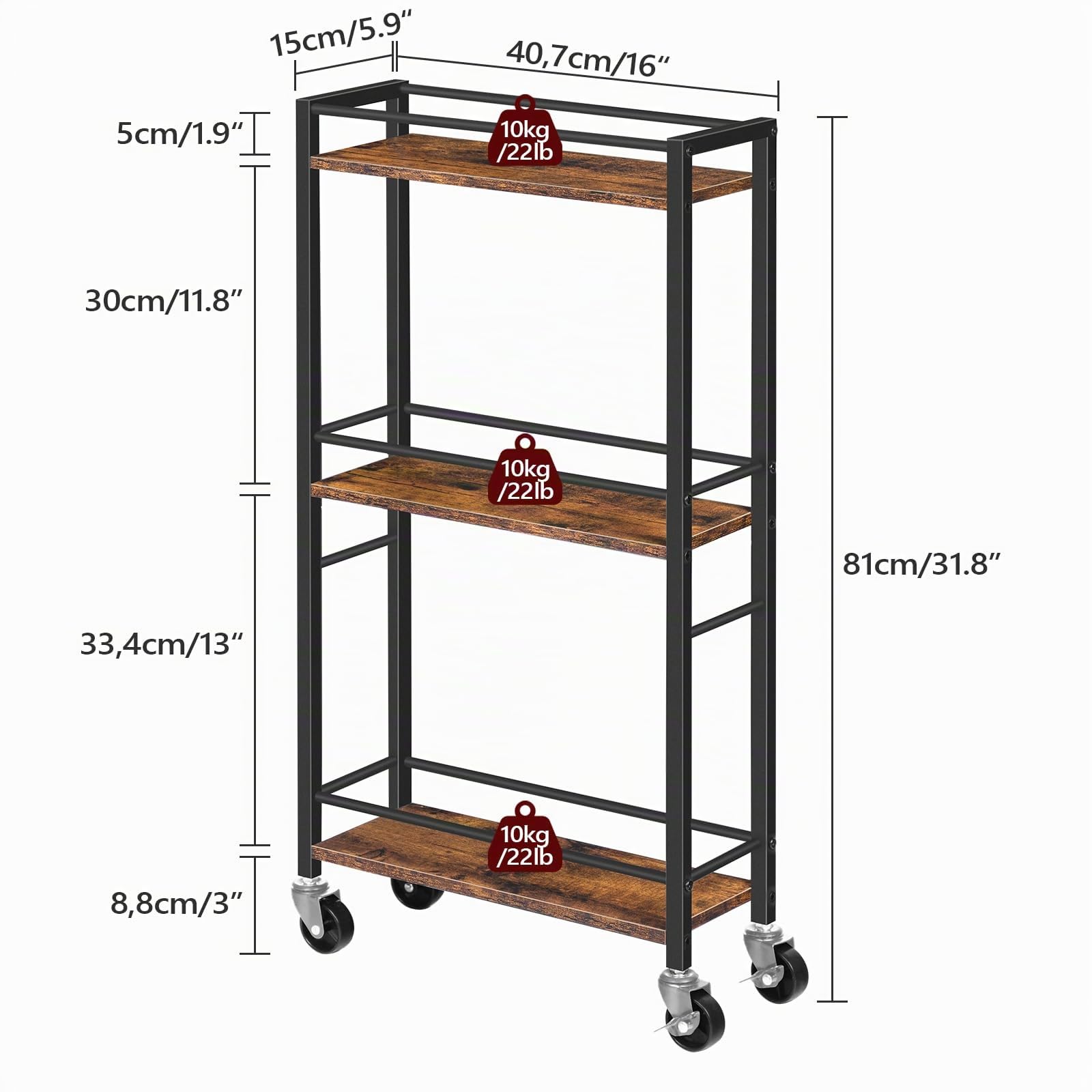 MAHANCRIS Carro Estrecho con 3 Estantes, Carro de Cocina Estrecho con Ruedas, Práctico Carrito de Almacenamiento, para Espacios Reducidos en Comedores, Cuartos de Baño, ARCHR1501Z