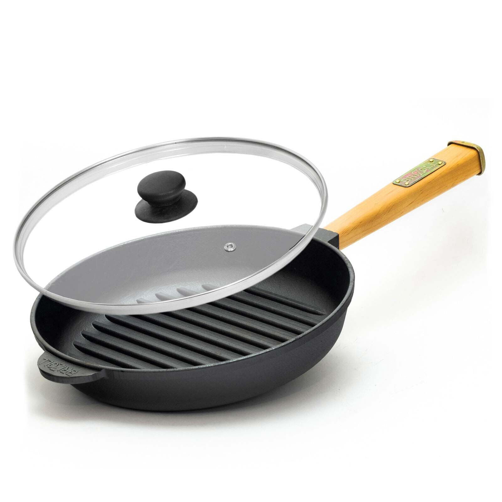Ø28cm Grillpfanne Gusseisen mit Pressdeckel Glasdeckel Pfannenwender Induktion Holzgriff Bratpfanne Pfanne Feuerpfanne