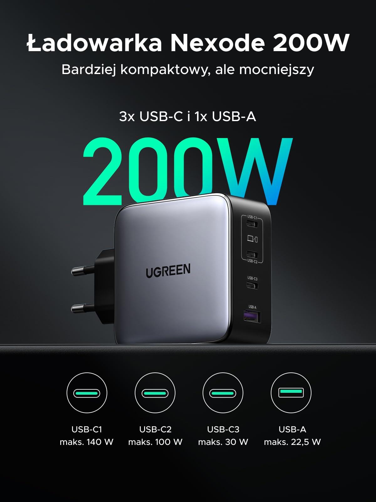 UGREEN Nexode Ładowarka 200 W USB-C, 4 porty, ładowarka PD3.1 140 W | Zasilacz GaN, inteligentna dystrybucja zasilania, ładowarka do laptopa, kompaktowa i uniwersalna do MacBooka, iPhone'a 17-8