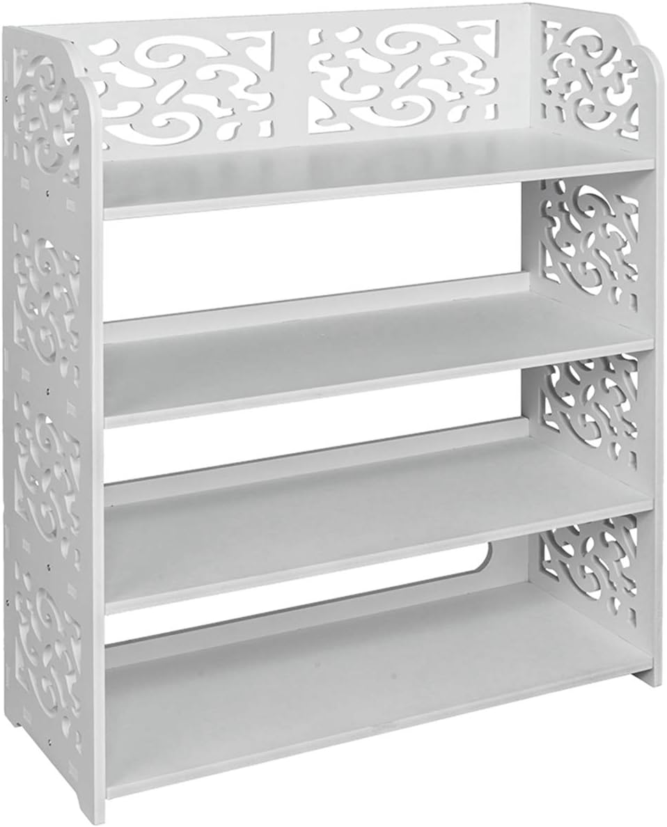 Wood-Plastic Board Four Tiers Carved Shoe Rack White B Utility Storage Organizer Shelf Rack for Kitchen Living Room Bathroom MITPATY