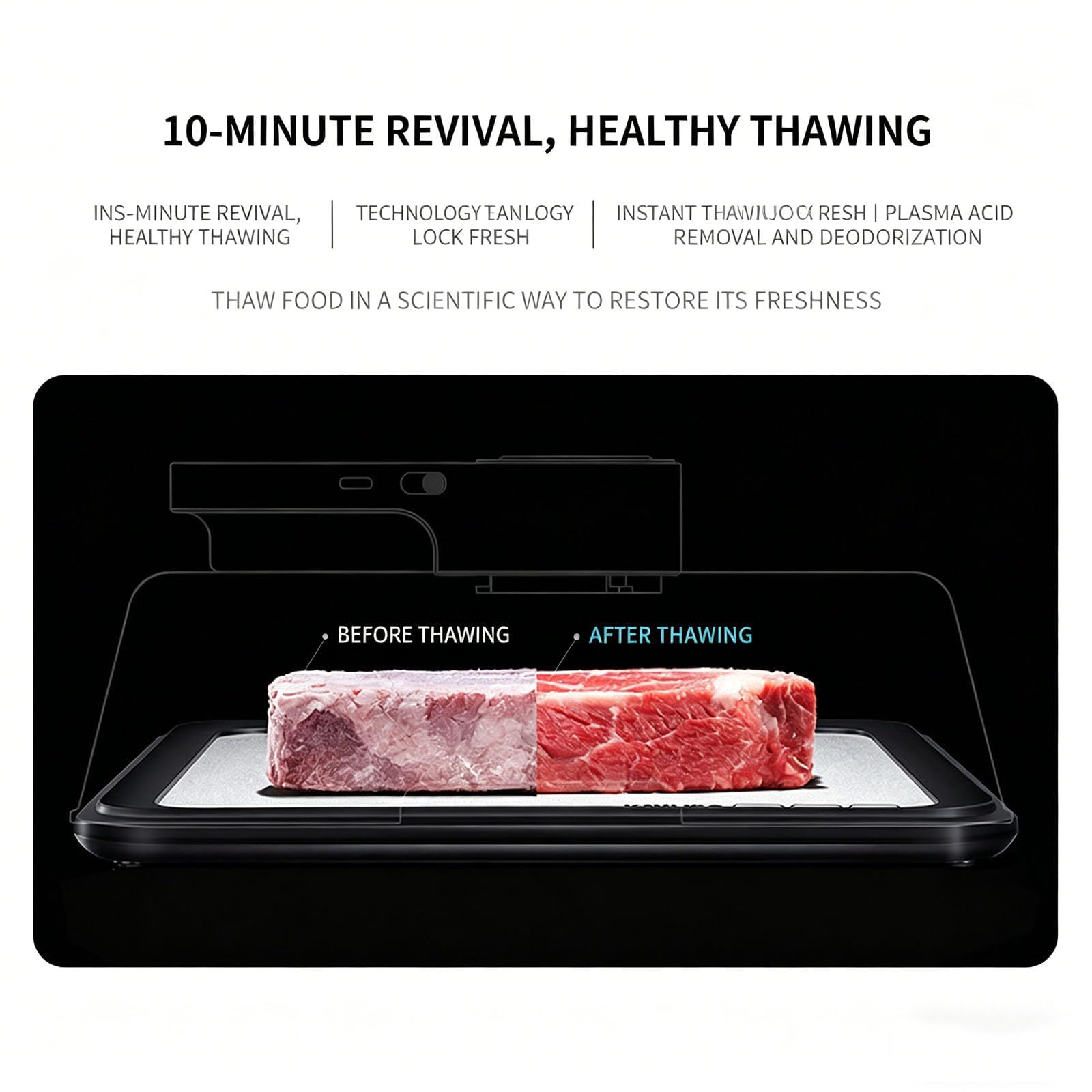 Bandeja de descongelación de carne de 4,2 L con tapa, bandeja inteligente de descongelación rápida para alimentos congelados, temporizador ajustable, recargable, para filetes, pollo, pescado