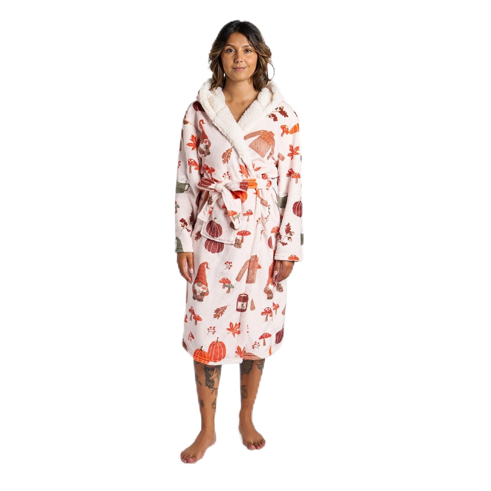 OHS Autumn Gonk Sherpa Fleece Hooded Dressing Gown - Beige - One Size