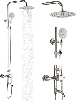 gotonovo Stainless Steel SUS304 Silver Shower faucet Set Wall Mount Triple Function Shower System 8 inches Shower Head Bathroom Adjustable Hand Spray Rainfall Brushed Nickel Shower Faucet Complete Set