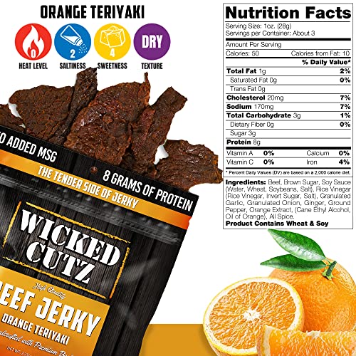 Image of Wicked Cutz Orange Teriyaki Beef Jerky, 24g Protein Per Bag, Tender & Easy to Chew Alternative to Teriyaki Beef Sticks, USA Made High Protein Carnivore Snacks (2 Bags)