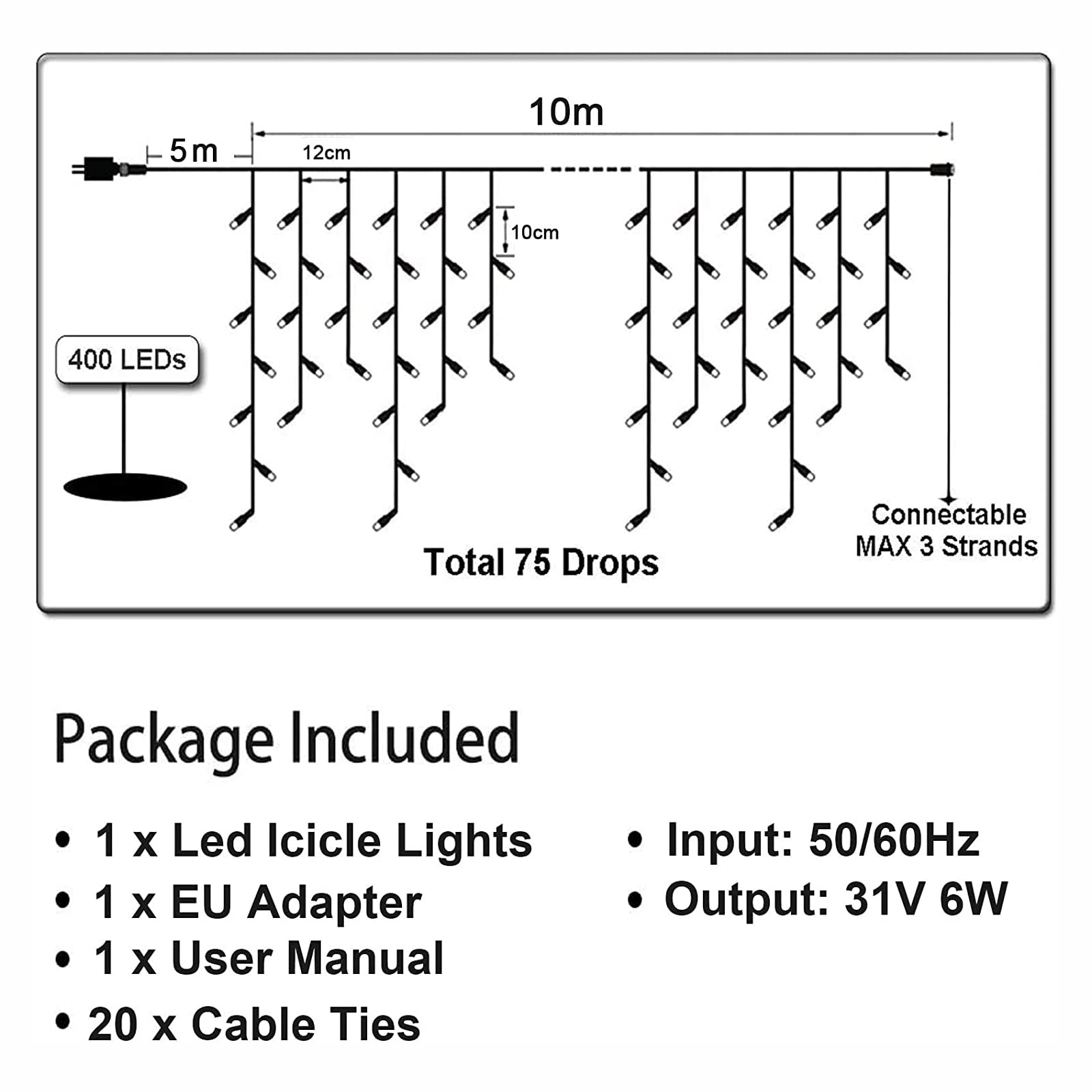 Led Eisregen Lichterkette Strom, 10m 400leds für Innen und Außen, GS geprüft, IP44, 8 Modi Lichtvorhang Mit Merkfunktion Fernbedienung Timer Für Zimmer, Traufe, Weihnachten, Treppe, Geländer