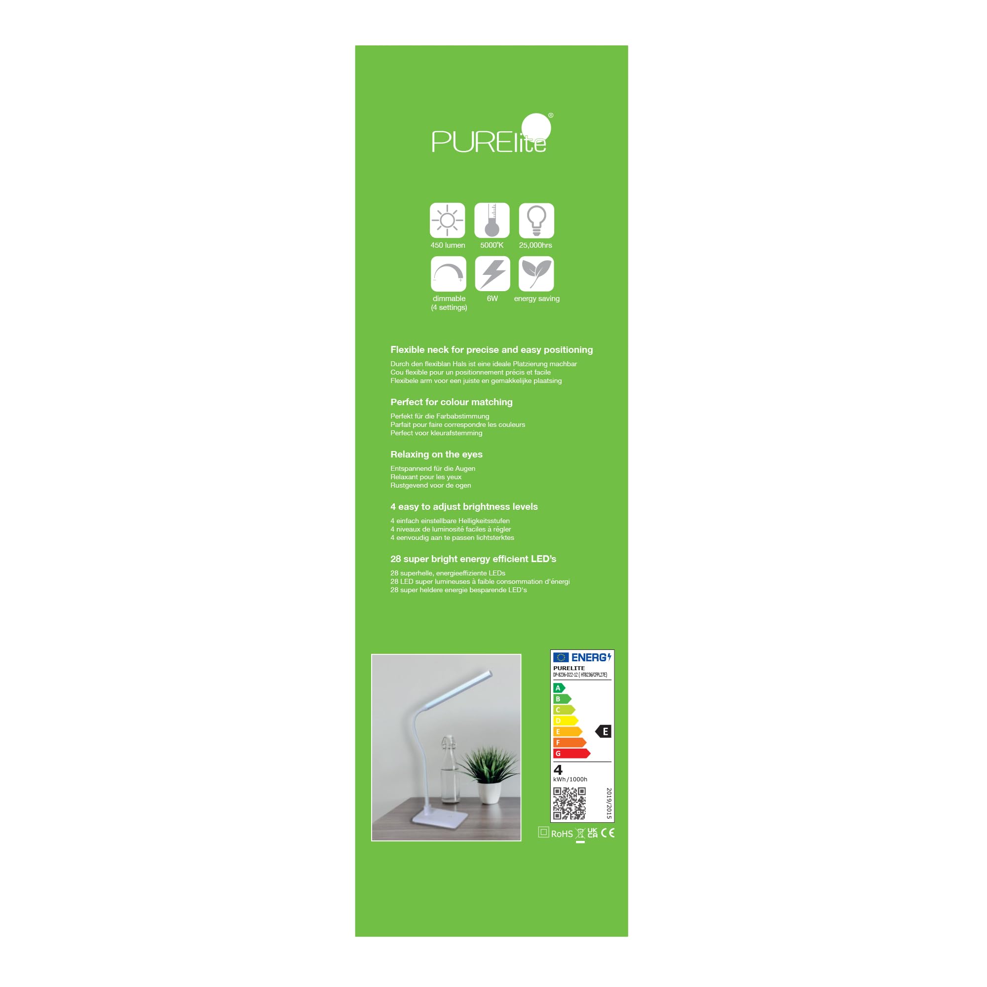 PURElite Freizeitlampe mit natürlichem Licht – flexible LED-Tisch- und Schreibtischlampe, 4 Farbhelligkeitseinstellungen, natürliche Glühbirnen zum Lesen, Nähen, Basteln – Weiß