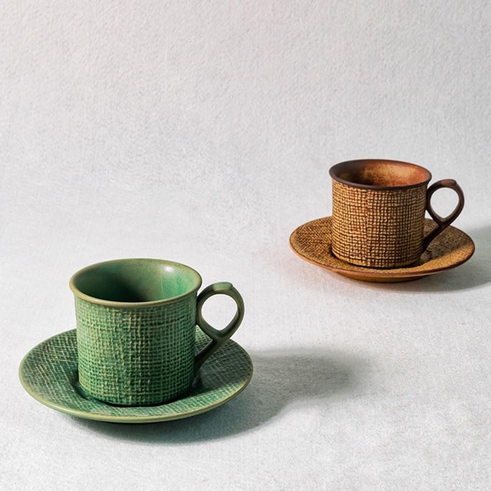 Vintage Design Ceramiczny kubek do kawy ze spodkiem, zestaw kubków do cappuccino baristy latte art (zielony)