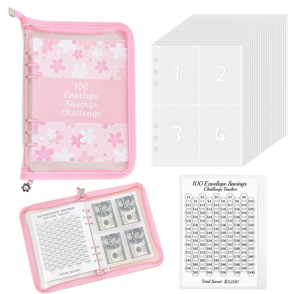 100 Envelopes Money Saving Challenge Binder with Cash Envelopes, Easy and Fun Way to Save $5,050,Expense Budget Sheet for Budgeting and Saving Money (Pink with Zipper)