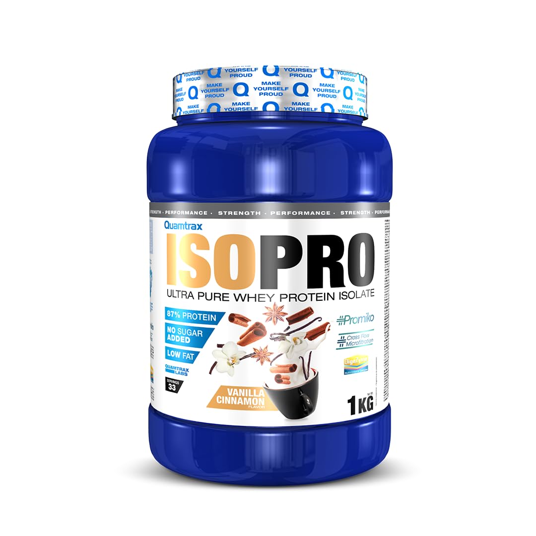 Quamtrax Nutrition - Isopro CFM (Aislado de Proteínas de Suero de Leche) - 1 kg - Sabor Vainilla con Canela - Alto contenido proteico, rápida absorción y bajo en grasas