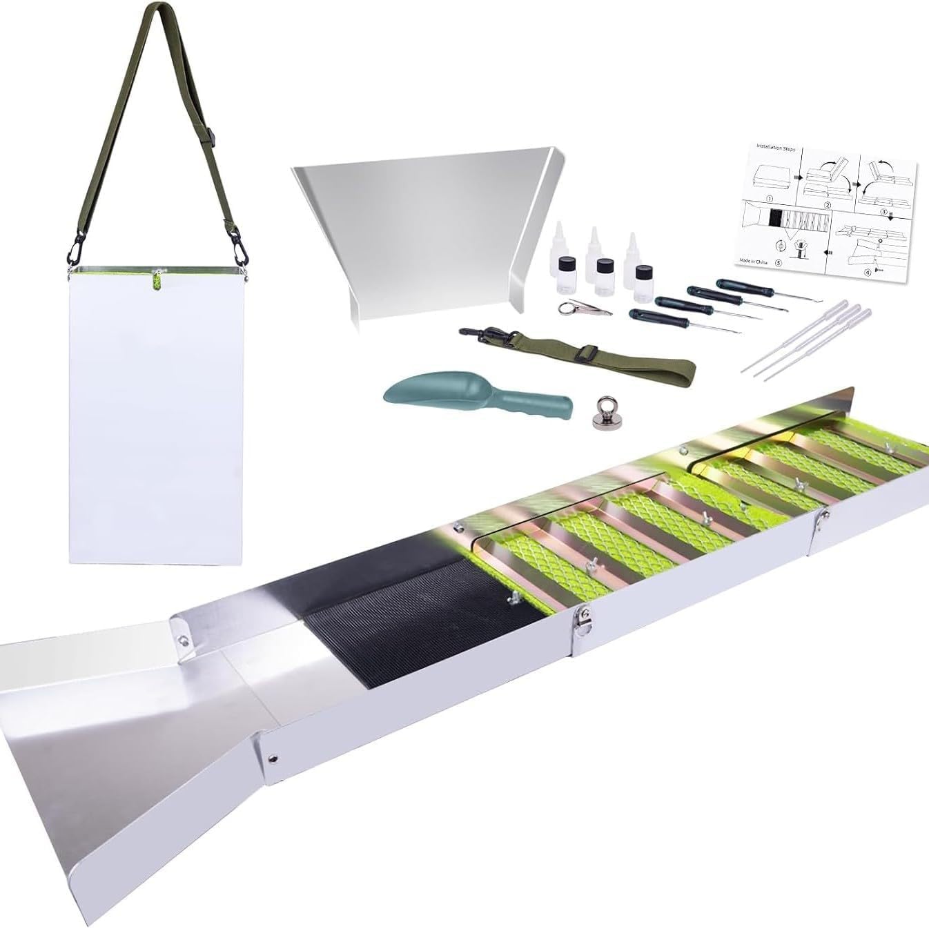 HoldOneLight 50" Foldable Aluminum Alloy Sluice Box - All-Inclusive 17-Piece Gold Prospecting Kit with Picks, Magnifier, Pipette, Magnets for Efficient Mining — image 1