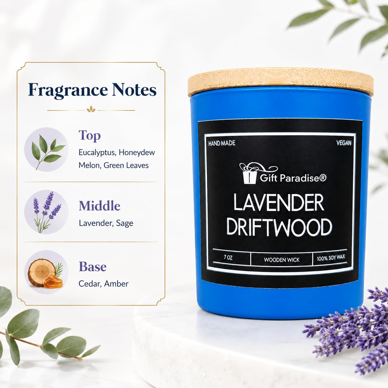 Gift Paradise® Candela in cera di soia alla lavanda – Barattolo di vetro blu da 200 ml con coperchio in bambù, stoppino in legno scoppiettante, scatola regalo magnetica di alta qualità, candela