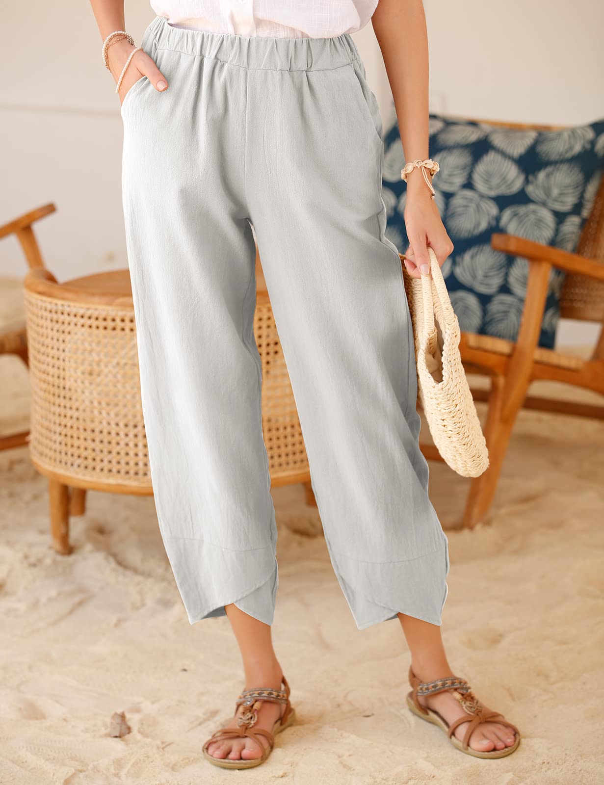 Yuson Girl Pantaloni Donna Pantaloni Estivi Donna Leggeri Pantaloni Larghi Lino Vita Alta Pantalone con Tasche Pantaloni di Svago Panno di Lino da con Fascia Elastica