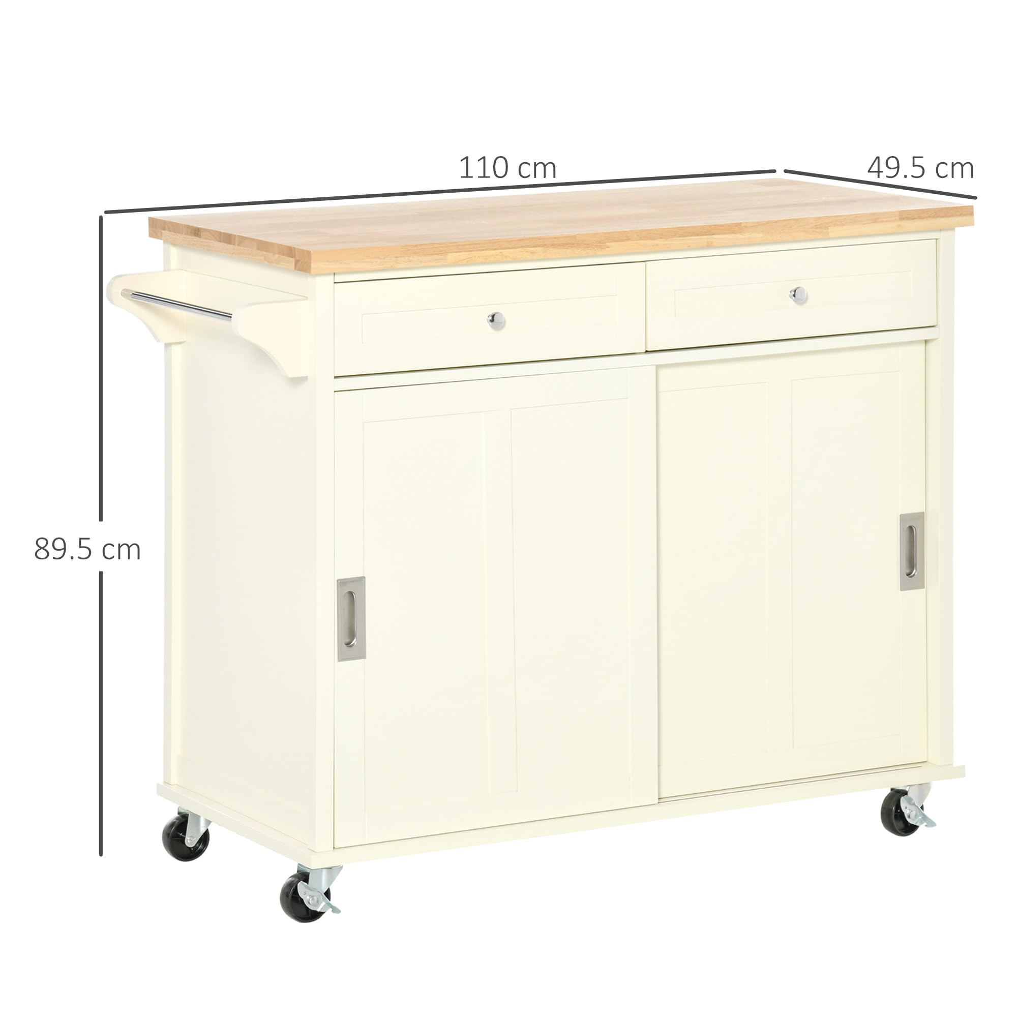 HOMCOM Isola per Cucina in Legno e MDF con Cassetti, Armadietto e Portasciugamani, Carrello da Cucina a 4 Ruote per Utensili, 110x49.5x89.5 cm, Bianco