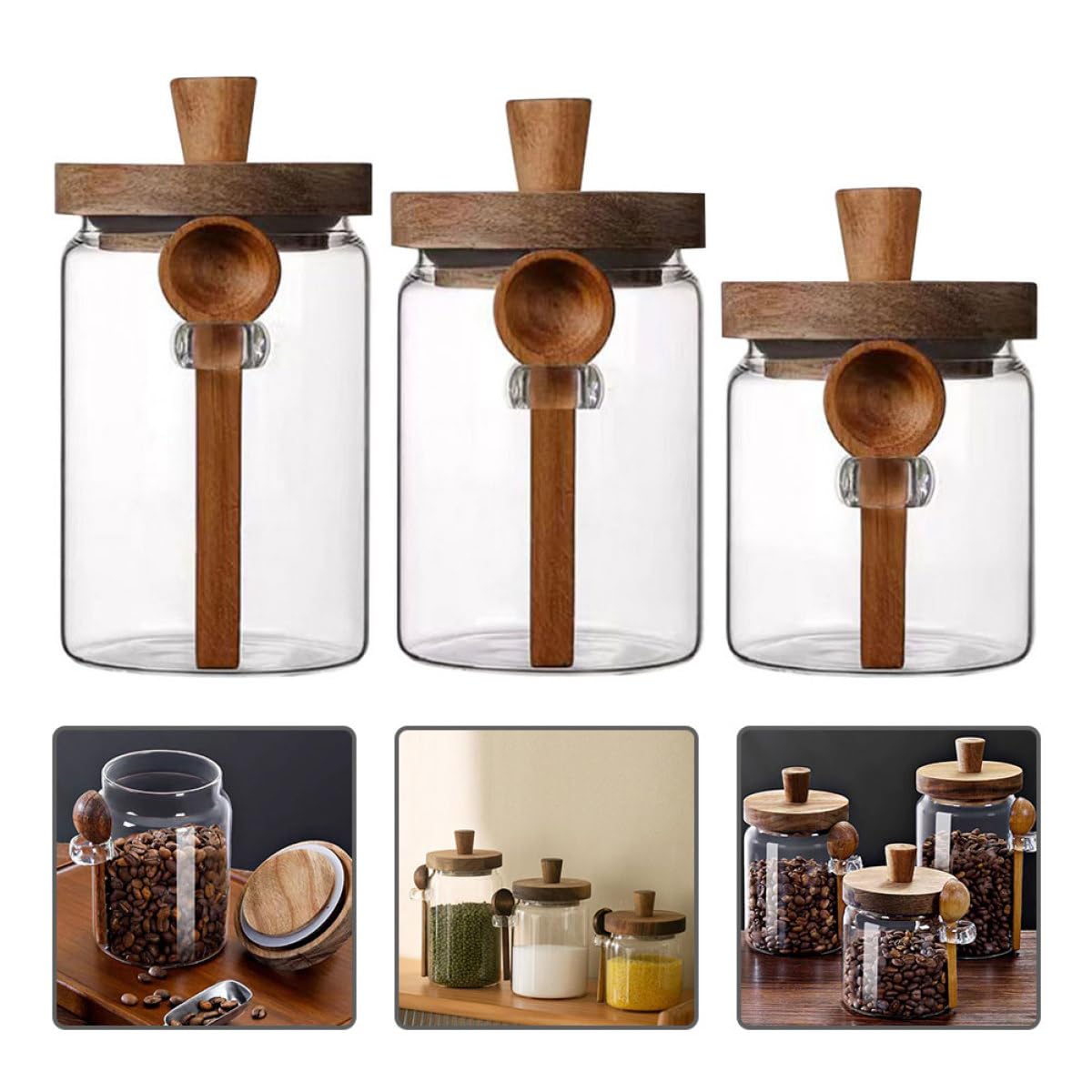 GALPADA Juego de 3 Frascos de y Capacidad 850ml, 550ml y 400ml para Especias con Tapa y Cuchara, Tarros de Condimento Herméticos Diseño Simple para Cocina