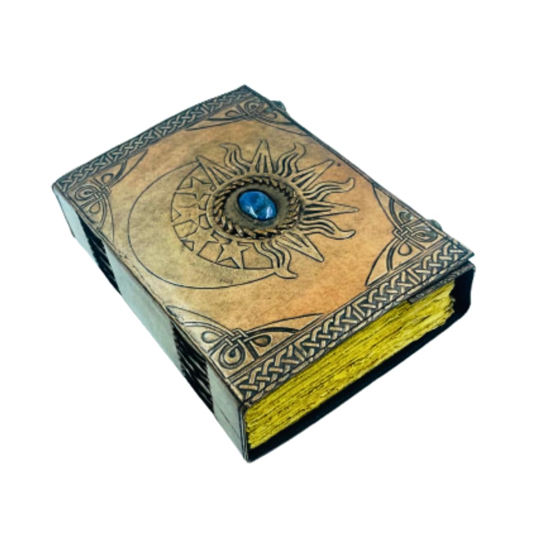 OVERDOSE Moom Lapis Stone Design Handmade vintage leather journa Double Lock Deckle edge paper, Blank spell book of shadows grimoire journal - 7x10 inches|17x25 cm|A4