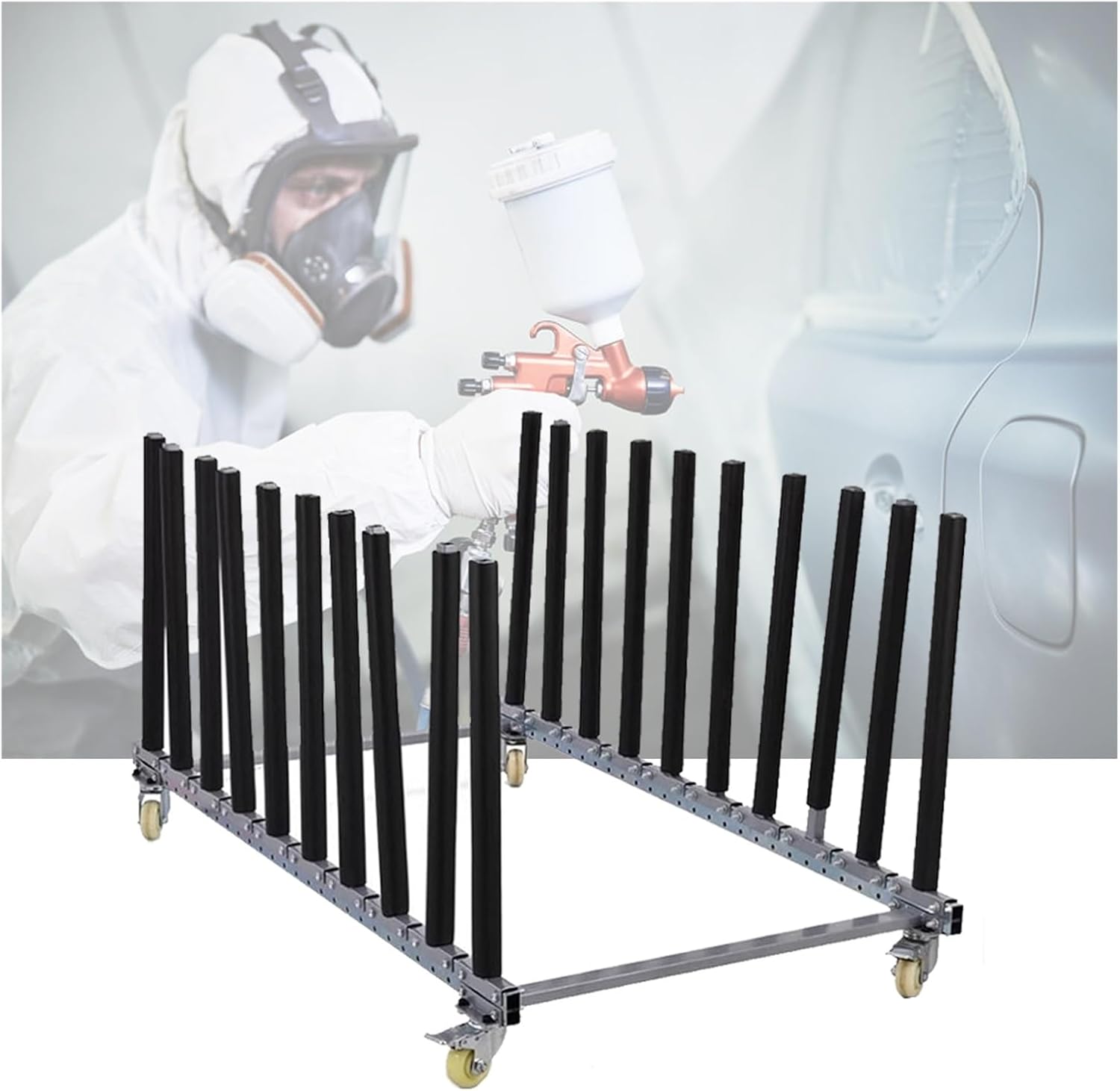 35 in Adjustable Painting Rack, Black Metal Auto Pating Rack with 4 Universal Wheels, Heavy-Duty Mobile Automotive Paint Stand for Painting & Repairing